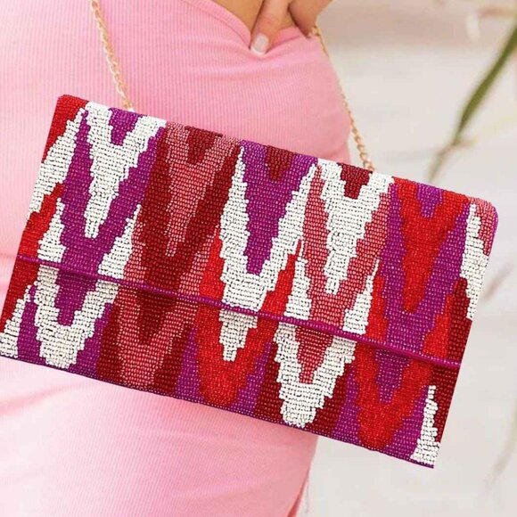 Pink Fuchsia White Chevron Abstract Waves Glass Beaded Clutch Crossbody Handbag - Picture 1 of 6